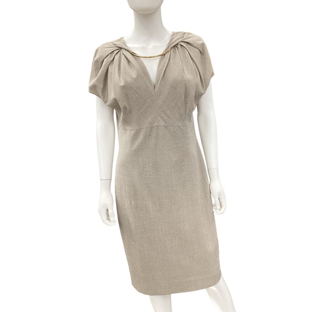 Escada Dress Women’s Size 10 Silk Wool Viscose Blend Attached Necklace Beige